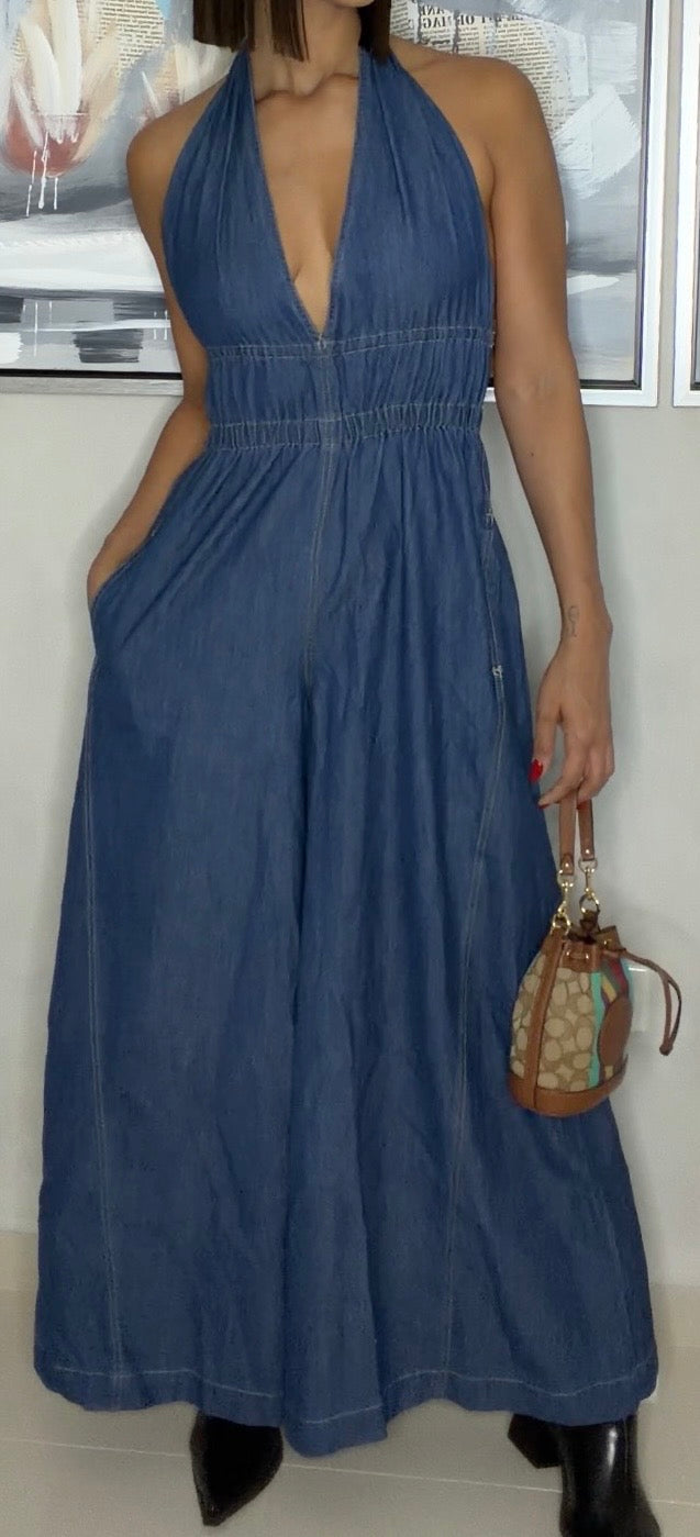 Denim Halter Jumpsuit