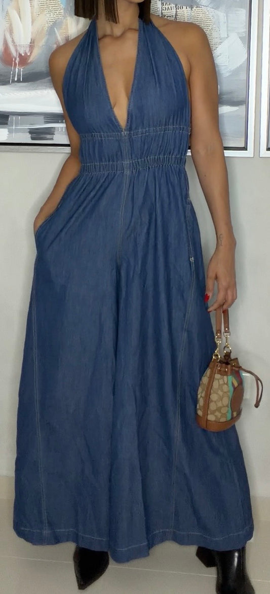 Denim Halter Jumpsuit